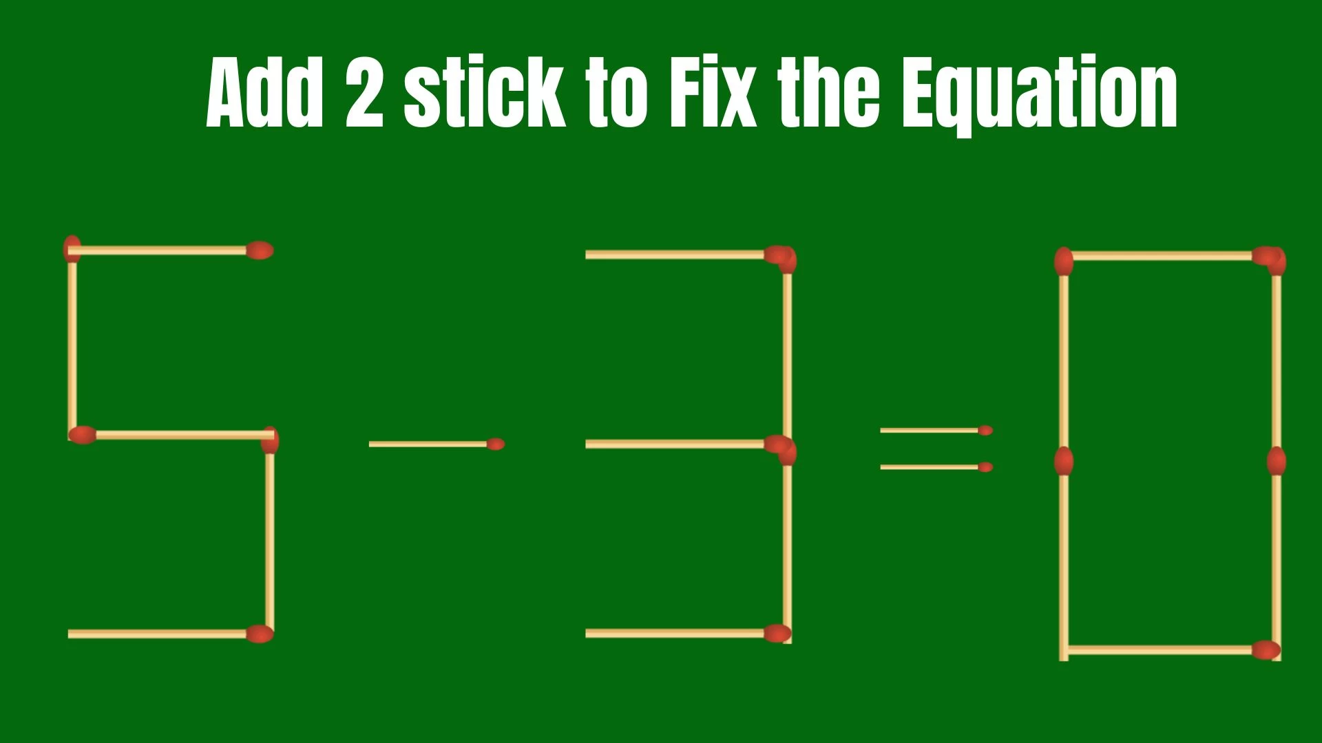 Solve the Puzzle to Transform 5-3=0 by Adding 2 Matchsticks to Correct the Equation