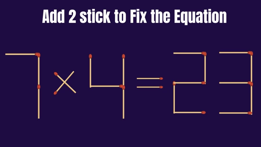 Matchstick Brain Teaser Puzzle: Add 2 Matchsticks to Make the Equation Right 7x4=23